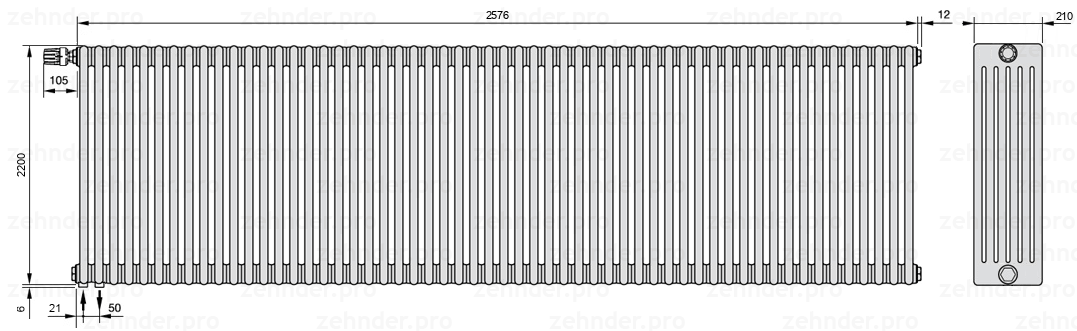 Схема (чертеж) Радиатор Zehnder Charleston 6220/56 №V001 Белый глянцевый RAL 9016